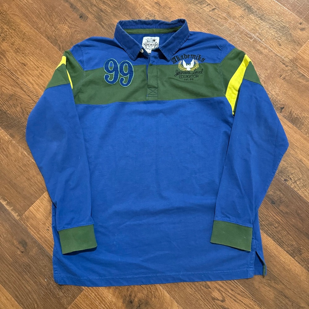 Akademiks Jeanius Level Edukator Rugby Shirt Blue Green XL Long Sleeve Vintage
